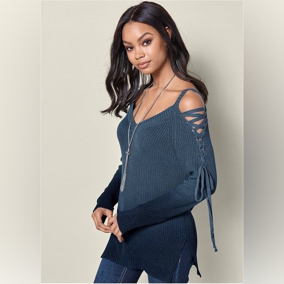 VENUS Blue Sweater with Lace-Up Sleeves Cold Shoulder Dip Dye Ombré Large L - Picture 1 of 10